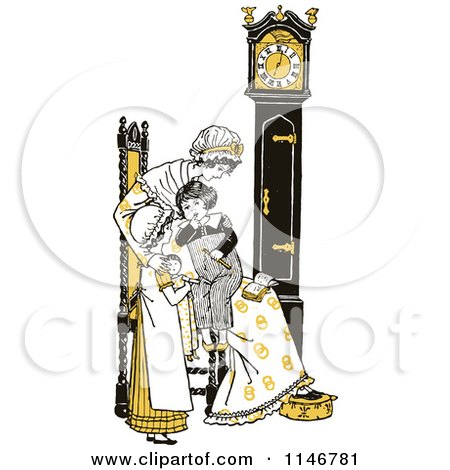 Clipart of a Retro Vintage Mother and Children by a Clock in Yellow Tones - Royalty Free Vector Illustration by Prawny Vintage