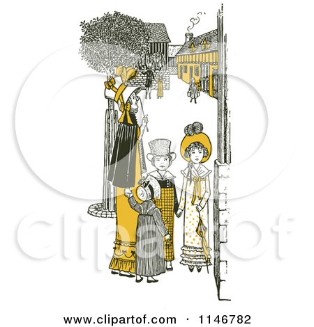 Clipart of a Retro Vintage Mother and Children in a Village in Yellow Tones - Royalty Free Vector Illustration by Prawny Vintage
