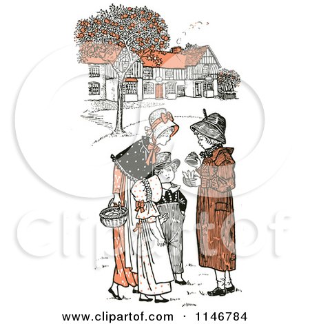 Clipart of a Retro Vintage Mother and Children in a Village in Orange Tones - Royalty Free Vector Illustration by Prawny Vintage