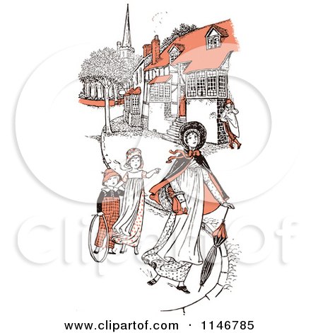 Clipart of a Retro Vintage Mother and Children Strolling in Orange Tones - Royalty Free Vector Illustration by Prawny Vintage
