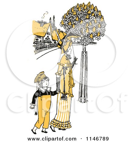 Clipart of a Retro Vintage Mother and Son Strolling in Yellow Tones - Royalty Free Vector Illustration by Prawny Vintage