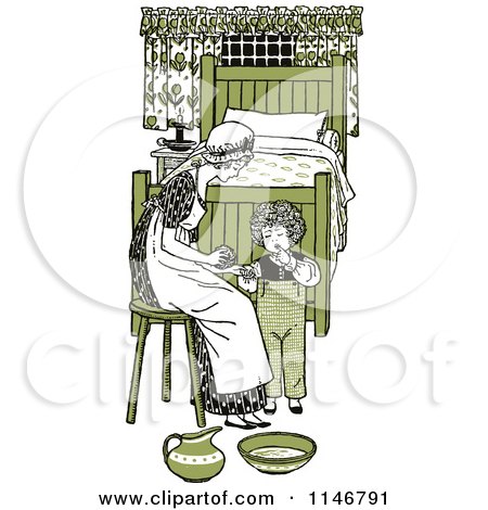 Clipart of a Retro Vintage Mother and Son Washing up in Green Tones - Royalty Free Vector Illustration by Prawny Vintage