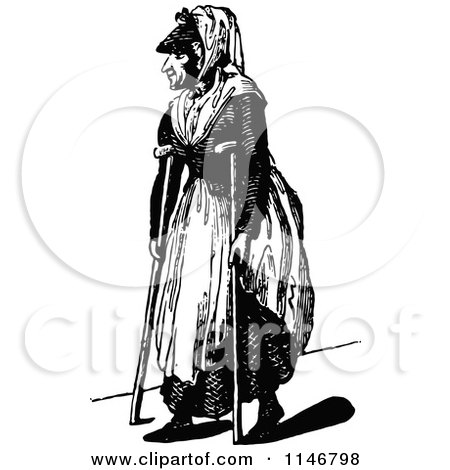 Clipart of a Retro Vintage Black and White Old Woman Using Crutches - Royalty Free Vector Illustration by Prawny Vintage