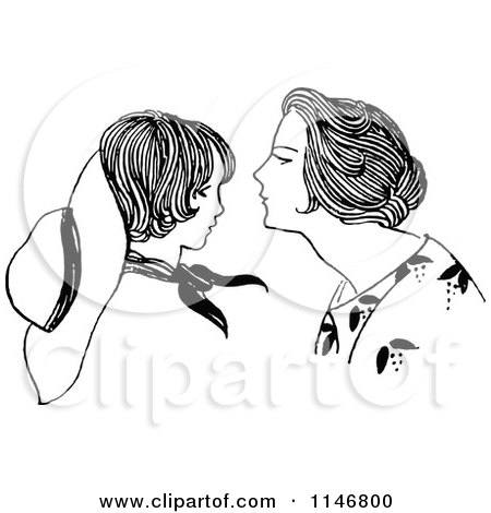 Clipart of a Retro Vintage Black and White Mother Leaning in to Kiss Her Son - Royalty Free Vector Illustration by Prawny Vintage