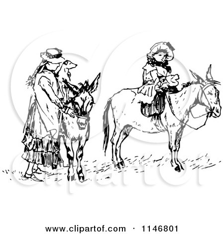 Clipart of a Retro Vintage Black and White Mother with a Dog and Girl on Donkeys - Royalty Free Vector Illustration by Prawny Vintage