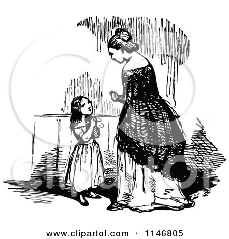 Clipart of a Retro Vintage Black and White Daugher Asking Her Mother a Question - Royalty Free Vector Illustration by Prawny Vintage