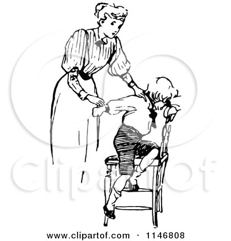 Clipart of a Retro Vintage Black and White Mother Outting Her Son in Time out - Royalty Free Vector Illustration by Prawny Vintage