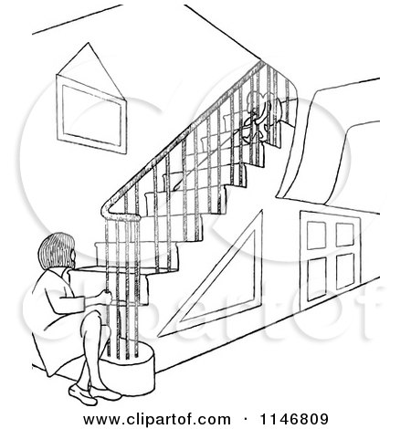 Clipart of a Retro Vintage Black and White Woman Sitting at the Bottom of Stairs at a Child - Royalty Free Vector Illustration by Prawny Vintage