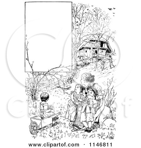 Clipart of a Retro Vintage Black and White Mother and Children in a Garden with Copyspace - Royalty Free Vector Illustration by Prawny Vintage
