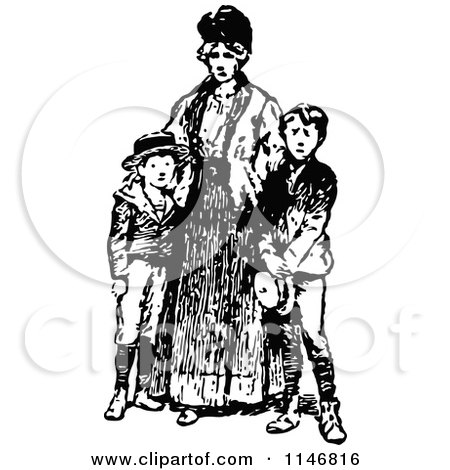 Clipart of a Retro Vintage Black and White Mother and Sons - Royalty Free Vector Illustration by Prawny Vintage