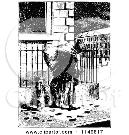 Clipart of a Retro Vintage Black and White Mother and Son on a Snowy Sidewalk - Royalty Free Vector Illustration by Prawny Vintage