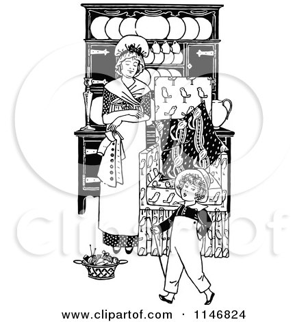 Clipart of a Retro Vintage Black and White Mother and Son at Home - Royalty Free Vector Illustration by Prawny Vintage