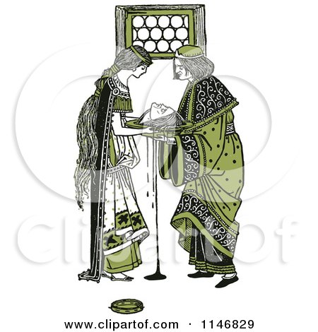 Clipart of Retro Vintage Green Herodias and the Head of John the Baptist - Royalty Free Vector Illustration by Prawny Vintage