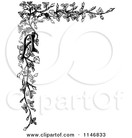 Clipart of a Retro Vintage Black and White Alphabet Letter a and Floral Corner Border - Royalty Free Vector Illustration by Prawny Vintage