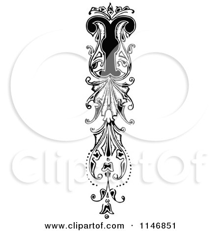 Clipart of a Retro Vintage Black and White Ornate Vertical Alphabet Letter Floral T - Royalty Free Vector Illustration by Prawny Vintage