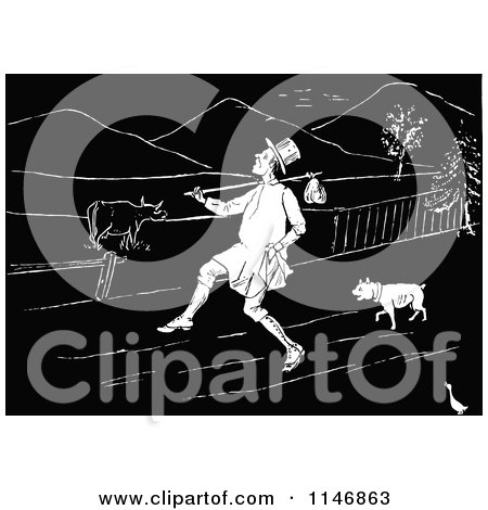 Clipart of a Retro Vintage Black and White Man Trekking with a Dog Through a Farm - Royalty Free Vector Illustration by Prawny Vintage