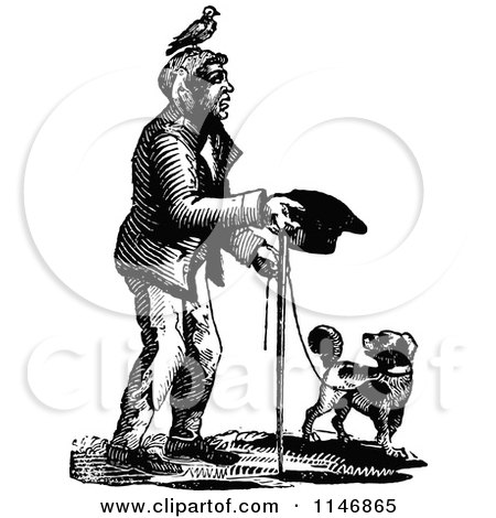 Clipart of a Retro Vintage Black and White Beggar Man and Dog - Royalty Free Vector Illustration by Prawny Vintage