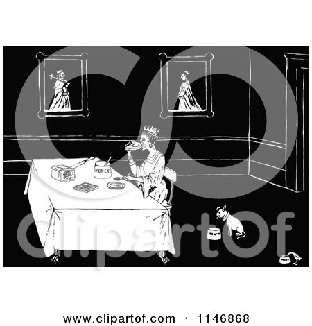 Clipart of a Retro Vintage Black and White Dog Eating near a Queen Served Bread and Honey - Royalty Free Vector Illustration by Prawny Vintage
