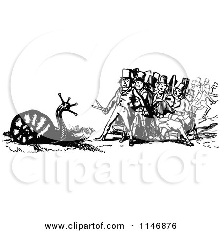 Clipart of Retro Vintage Black and White Men Afraid of a Giant Snail - Royalty Free Vector Illustration by Prawny Vintage