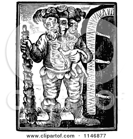 Clipart of a Retro Vintage Black and White Three Headed Giant Holding a Man - Royalty Free Vector Illustration by Prawny Vintage