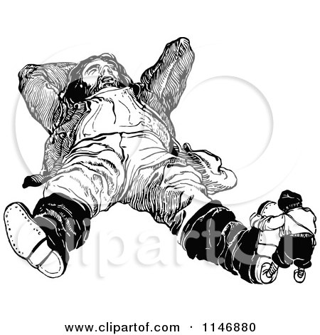 Clipart of a Retro Vintage Black and White Boy Hugging a Giants Foot - Royalty Free Vector Illustration by Prawny Vintage