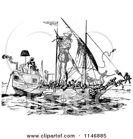 Clipart of a Retro Vintage Black and White Giant and Sailors on a Ship - Royalty Free Vector Illustration by Prawny Vintage