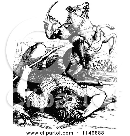 Clipart of a Retro Vintage Black and White Horseback Giant Slayer - Royalty Free Vector Illustration by Prawny Vintage