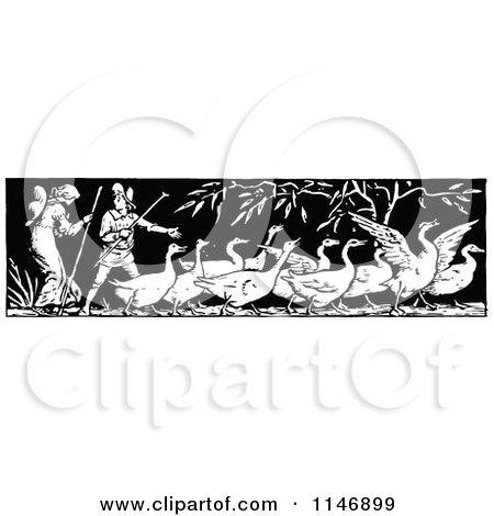 Clipart of a Retro Vintage Black and White Border of Geese and People - Royalty Free Vector Illustration by Prawny Vintage