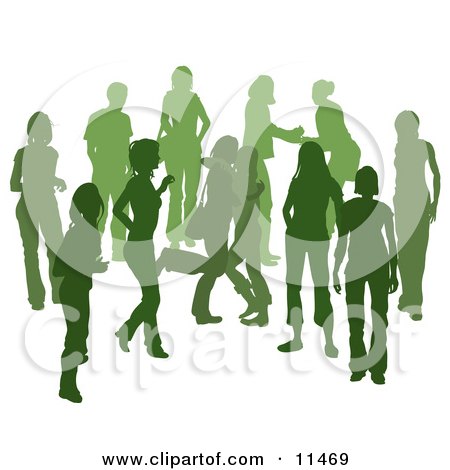 Green Group of Silhouetted People Hanging Out in a Crowd, Two Friends Hugging Clipart Illustration by AtStockIllustration
