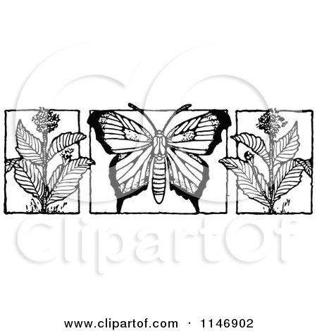 Clipart of a Retro Vintage Black and White Butterfly and Milkweed Flowers - Royalty Free Vector Illustration by Prawny Vintage