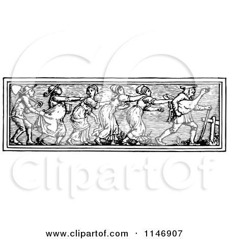Clipart of a Retro Vintage Black and White Border of Peasants and a Goose - Royalty Free Vector Illustration by Prawny Vintage