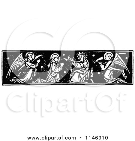 Clipart of a Retro Vintage Black and White Border of a Saint Receiving a Crown| Royalty Free Vector Illustration by Prawny Vintage