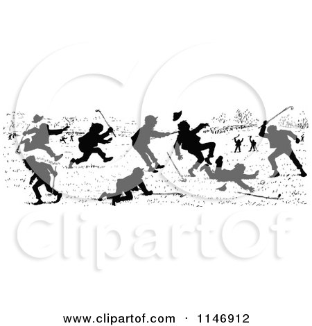 Clipart of a Silhouette Border of Golfers Fighting - Royalty Free Vector Illustration by Prawny Vintage