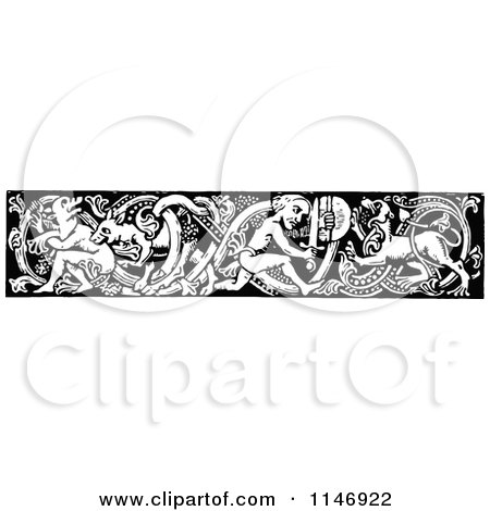 Clipart of a Retro Vintage Black and White Hunter and Animal Border - Royalty Free Vector Illustration by Prawny Vintage