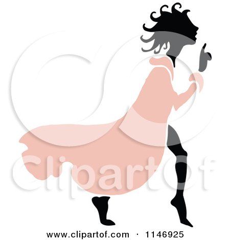 Clipart of a Retro Vintage Silhouetted Sneaky Girl in a Pink Dress - Royalty Free Vector Illustration by Prawny Vintage