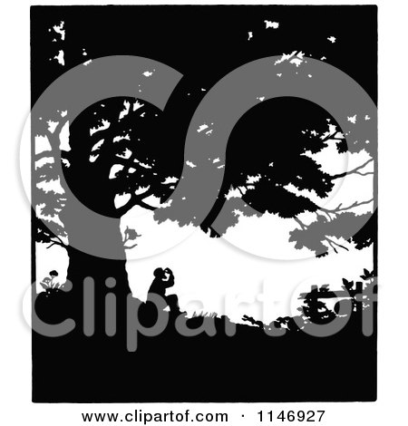 Clipart of a Retro Vintage Silhouetted Man Under a Tree - Royalty Free Vector Illustration by Prawny Vintage