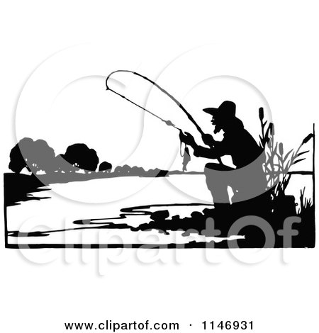 Clipart of a Retro Vintage Silhouetted Fishing Man - Royalty Free Vector Illustration by Prawny Vintage