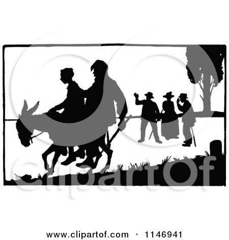 Clipart of Retro Vintage Silhouetted People and a Donkey - Royalty Free Vector Illustration by Prawny Vintage