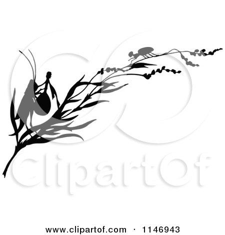 Clipart of a Retro Vintage Silhouetted Ant and Cricket with a Banjo on a Branch - Royalty Free Vector Illustration by Prawny Vintage