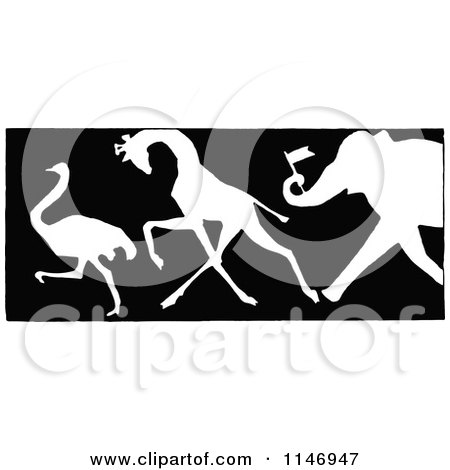 Clipart of a Retro Vintage Silhouetted Border of an Ostrich Giraffe and Elephant with a Flag - Royalty Free Vector Illustration by Prawny Vintage
