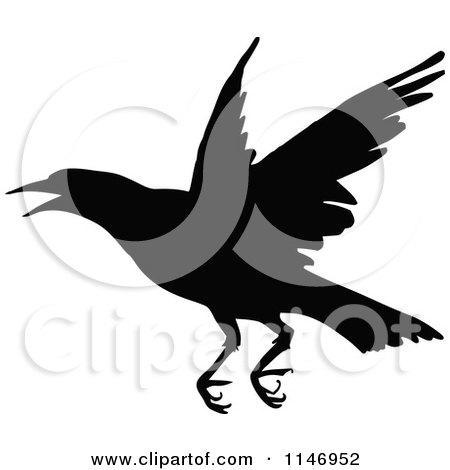 Clipart of a Retro Vintage Silhouetted Crow Flying - Royalty Free Vector Illustration by Prawny Vintage
