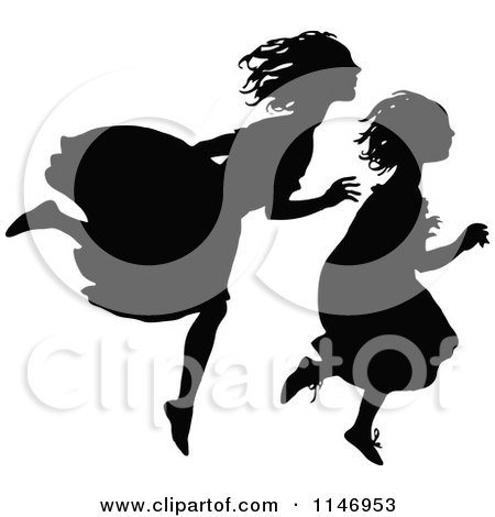 Clipart of Retro Vintage Silhouetted Girls Running - Royalty Free Vector Illustration by Prawny Vintage