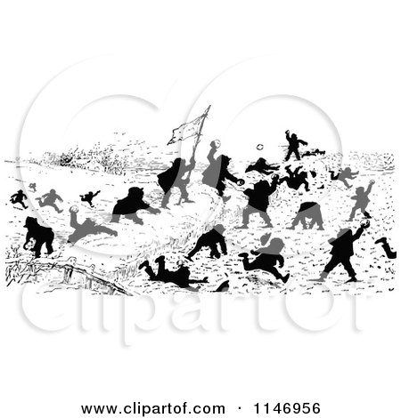 Clipart of Silhouetted Boys Battling with Snowballs - Royalty Free Vector Illustration by Prawny Vintage