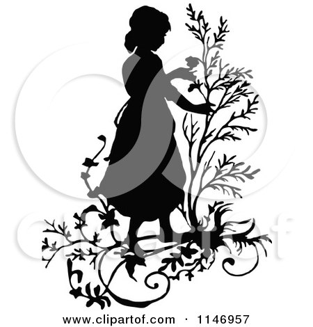 Clipart of a Retro Vintage Black and White Silhouetted Girl with Branches - Royalty Free Vector Illustration by Prawny Vintage