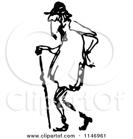 Clipart of a Retro Vintage Black and White Old Man Walking with a Cane - Royalty Free Vector Illustration by Prawny Vintage