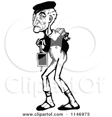 Clipart of a Retro Vintage Black and White Old Man Carrying a Sack - Royalty Free Vector Illustration by Prawny Vintage