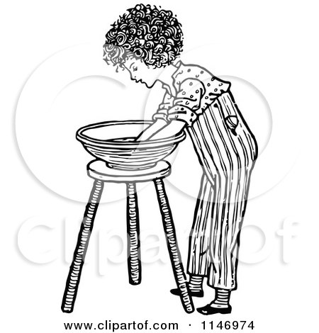 Clipart of a Retro Vintage Black and White Boy Washing His Hands in a Bowl - Royalty Free Vector Illustration by Prawny Vintage