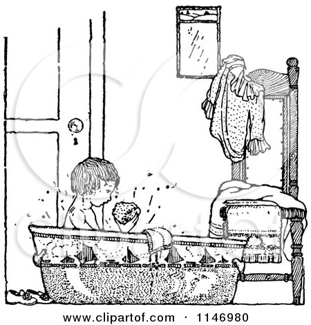 Clipart of a Retro Vintage Black and White Boy Taking a Bath - Royalty Free Vector Illustration by Prawny Vintage