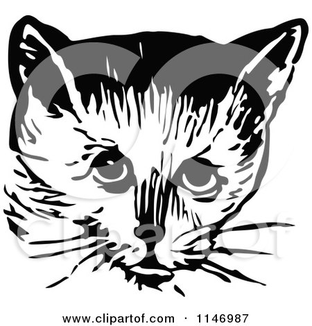 Clipart of a Retro Vintage Black and White Cat Face 2 - Royalty Free Vector Illustration by Prawny Vintage