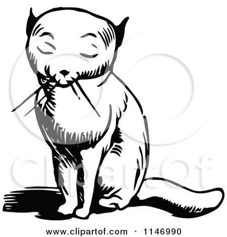 Clipart of a Retro Vintage Black and White Sitting Kitty - Royalty Free Vector Illustration by Prawny Vintage